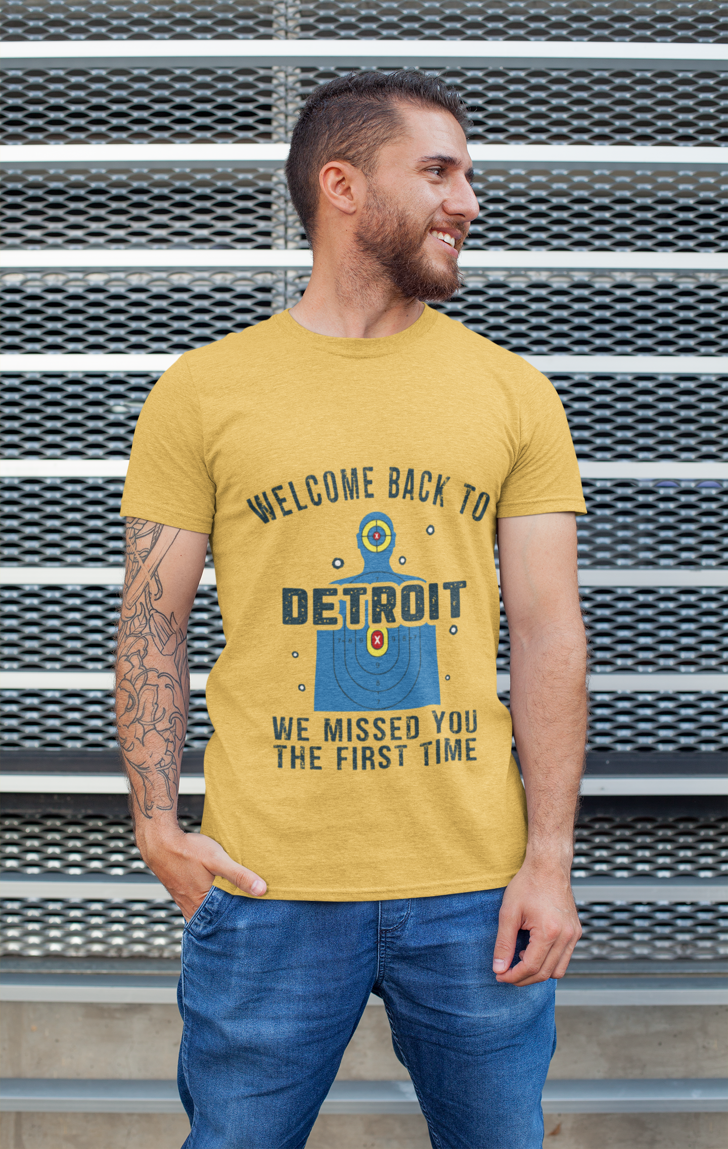 Men's Welcome to Detroit  Funny Shooting Man Bullet Target Practice T-Shirt We Missed You the First Time Tee