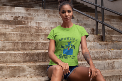 Women's Welcome to Detroit  Funny Shooting Man Bullet Target Practice T-Shirt We Missed You the First Time Tee