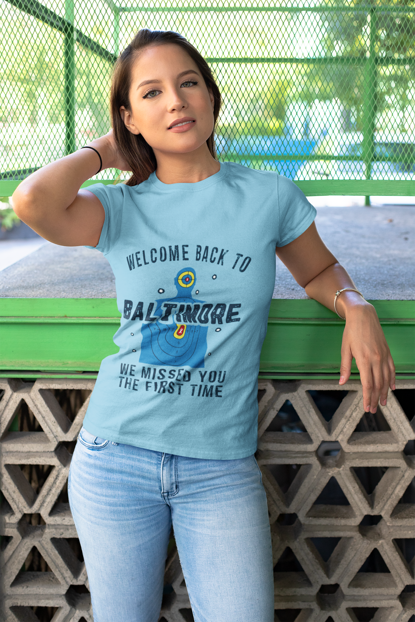 Women's Welcome to Baltimore Funny Shooting Target T-Shirt “We Missed You the First Time” Tee