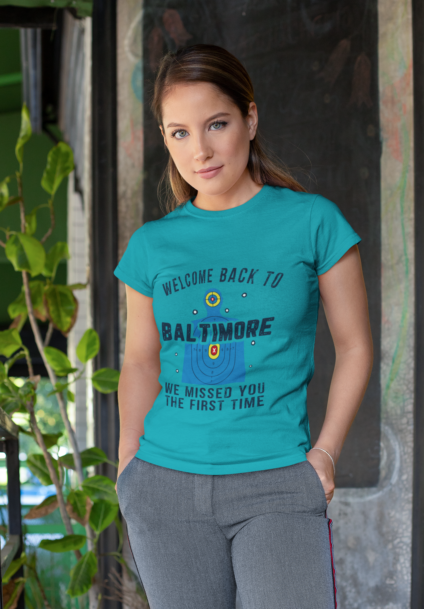 Women's Welcome to Baltimore Funny Shooting Target T-Shirt “We Missed You the First Time” Tee