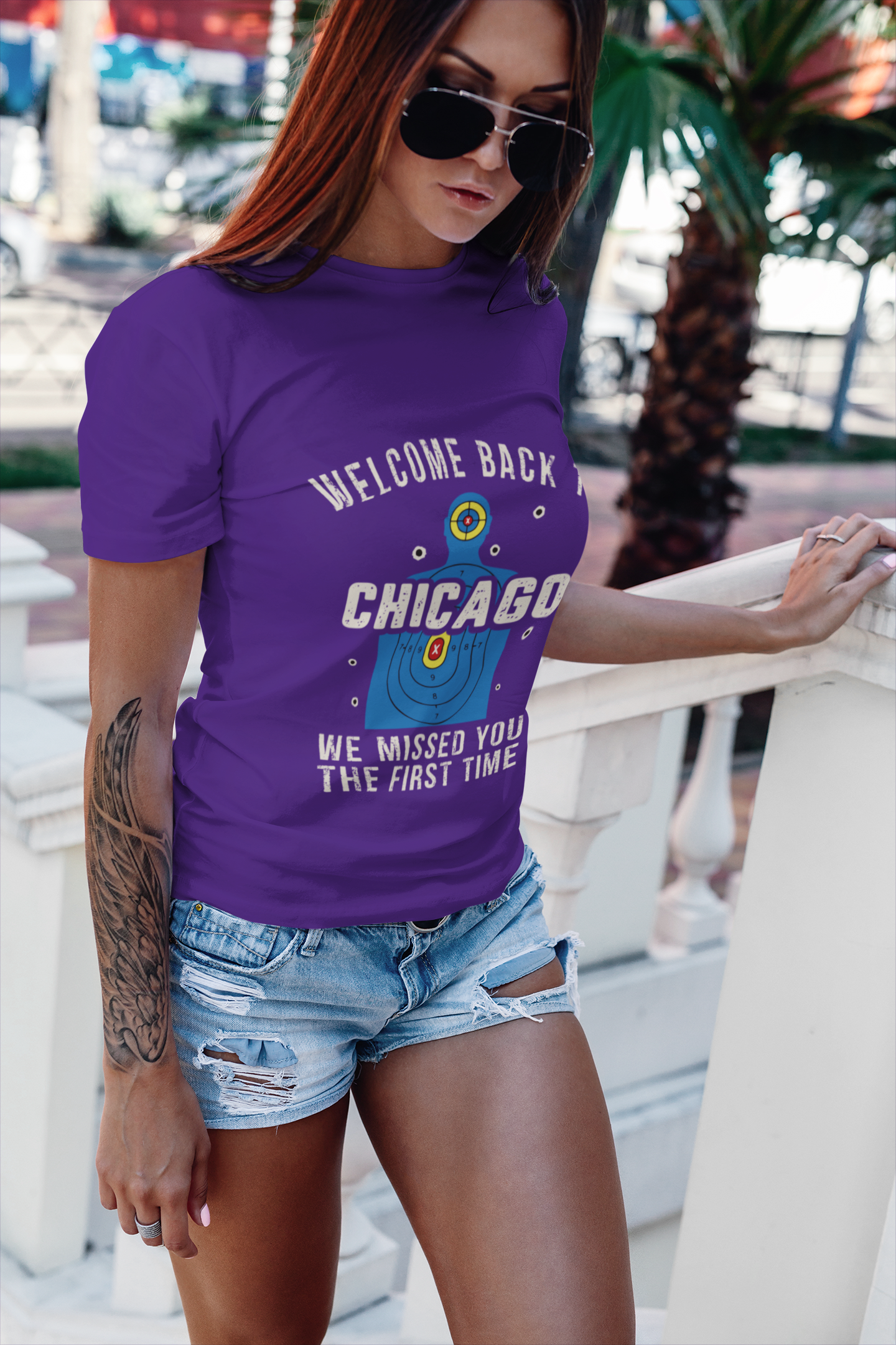 Women's Welcome to Chicago Funny Gun Practice Shooting Target T-Shirt “We Missed You the First Time” Tee