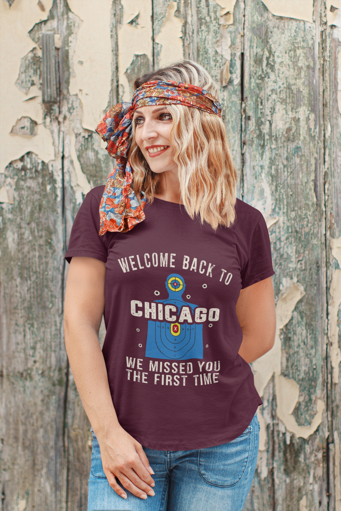 Women's Welcome to Chicago Funny Gun Practice Shooting Target T-Shirt “We Missed You the First Time” Tee