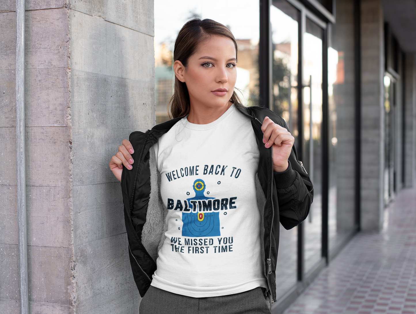 Women's Welcome to Baltimore Funny Shooting Target T-Shirt “We Missed You the First Time” Tee