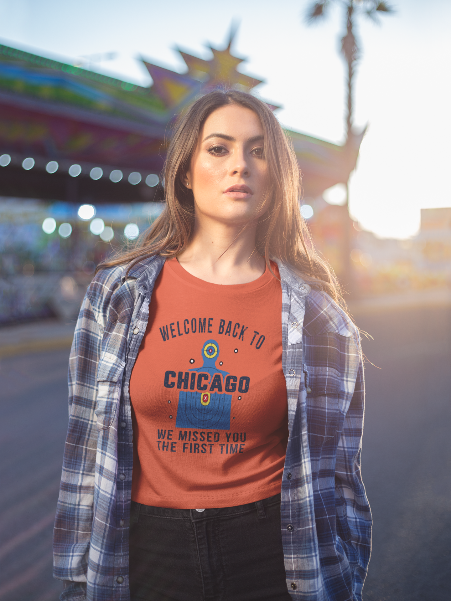 Women's Welcome to Chicago Funny Gun Practice Shooting Target T-Shirt “We Missed You the First Time” Tee