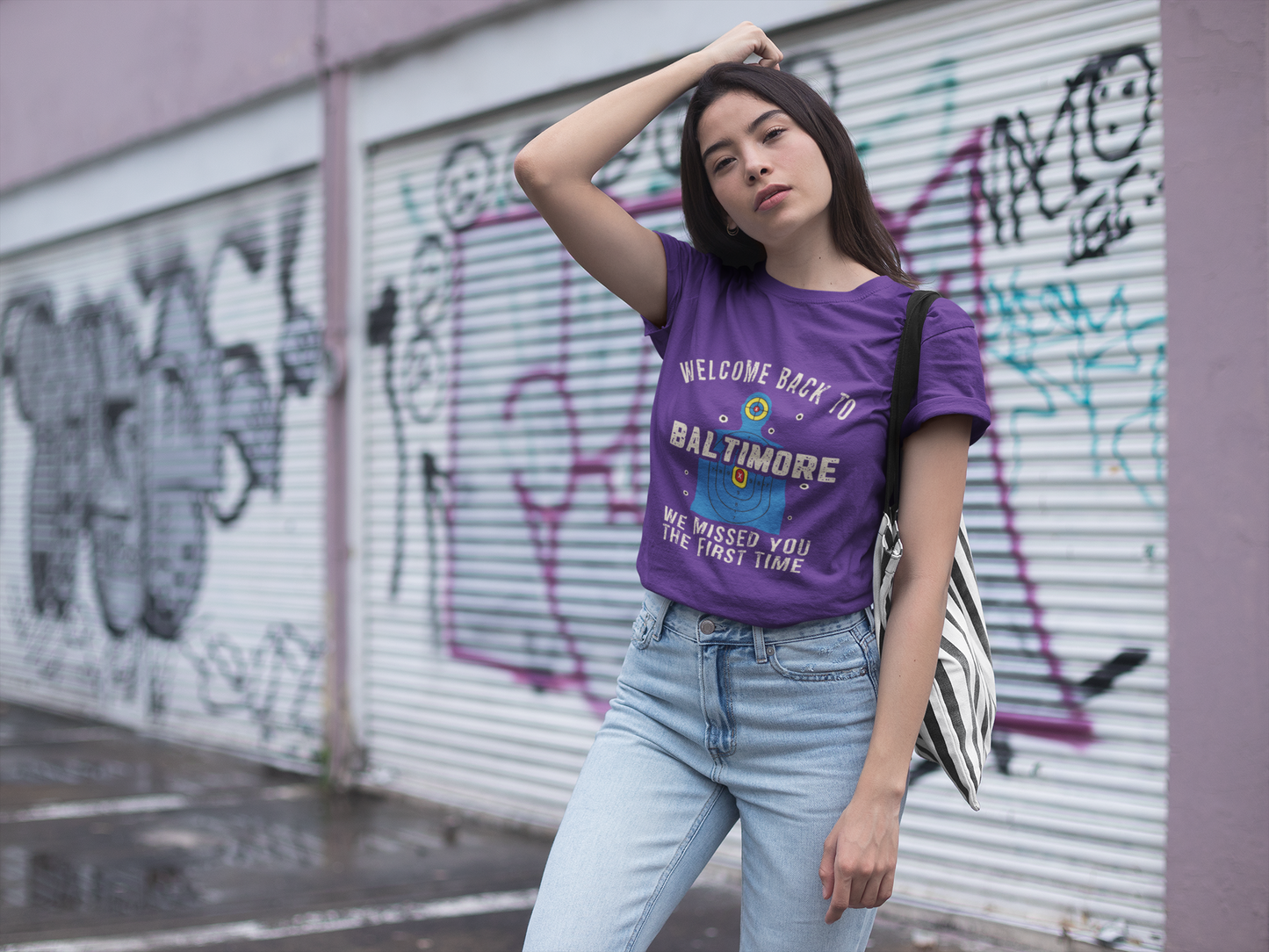 Women's Welcome to Baltimore Funny Shooting Target T-Shirt “We Missed You the First Time” Tee